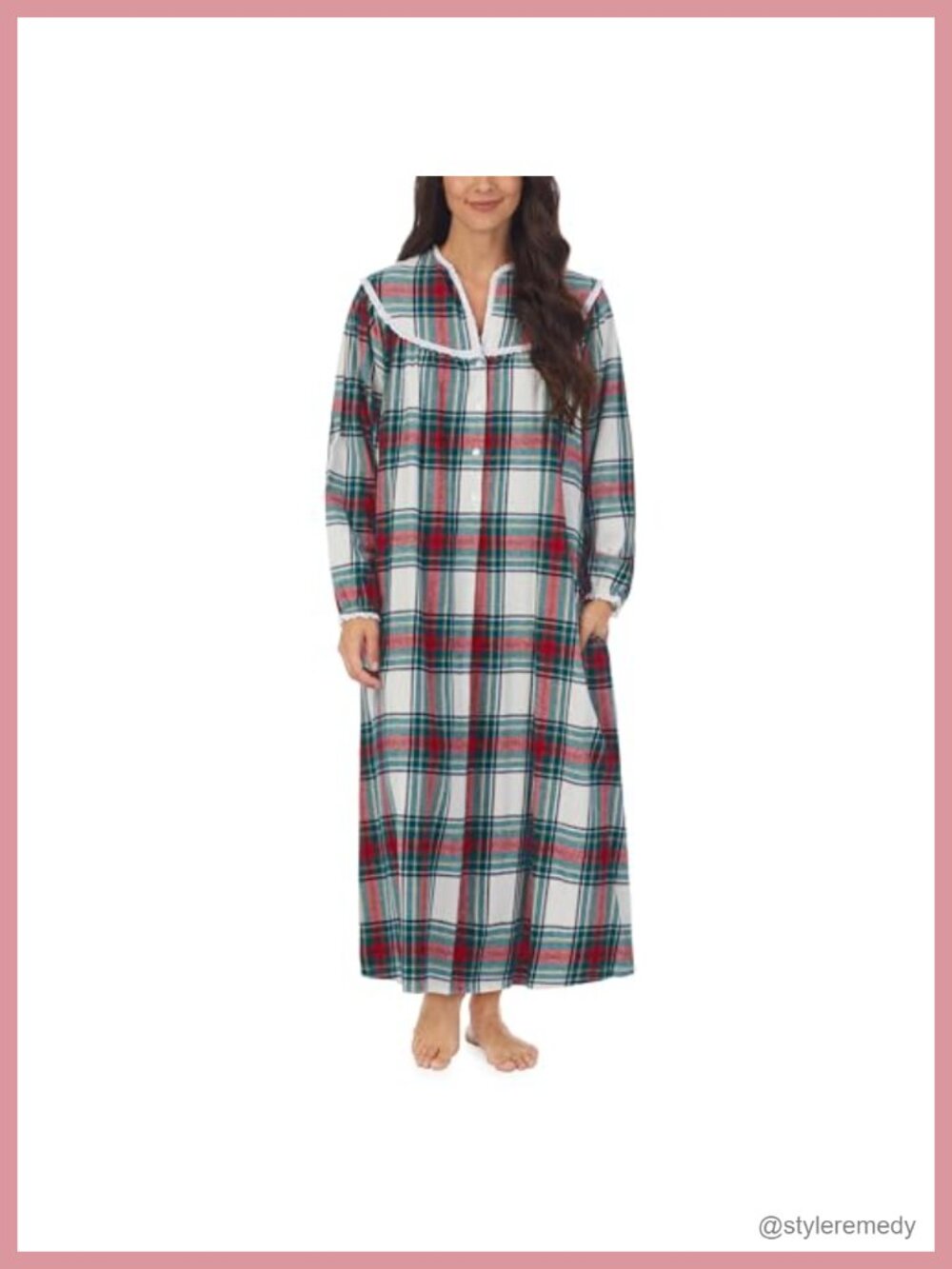 100% Cotton Flannel Long Sleeve Nightgown Eyelet Lace V-Neck Sleepwear
